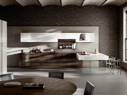 Cucina Design 36e8 Wood XGlass finitura Ebano Macassar con penisola e pensili in vetro laccato Bianco di Lago