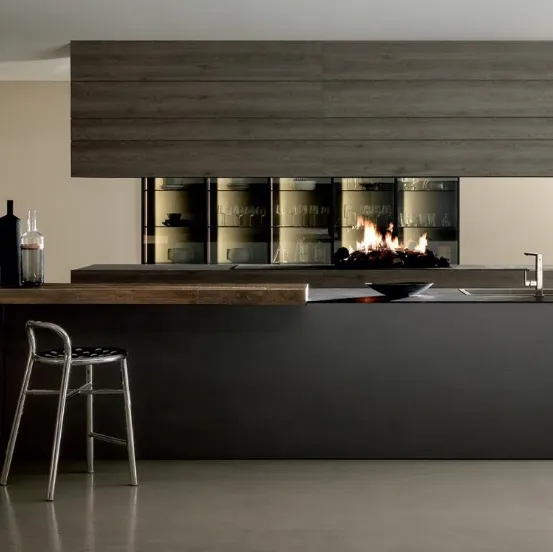 Cucina Design con isola MH6 in melaminico Lava e top in laminato con penisola in legno invecchiato di Abete Nero di Modulnova