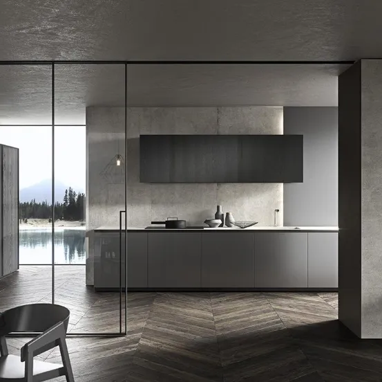 Cucina Design Skill finitura Leaf Metal Cool Grey e Rovere Fumo Raw con top in Gres City Stone Panel di Modulnova