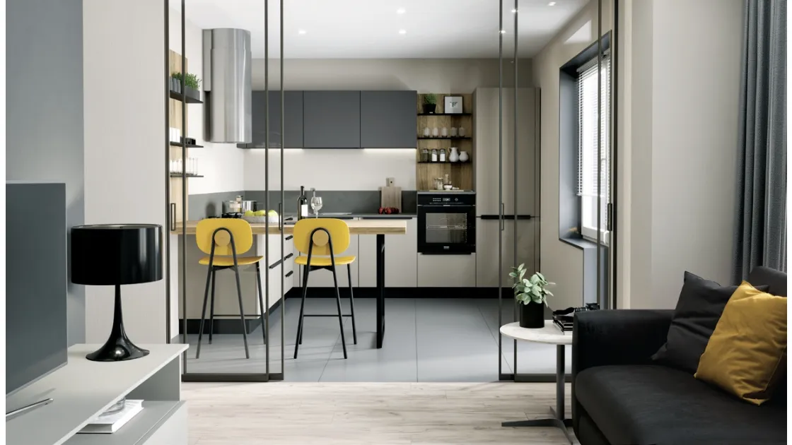 Cucina Moderna angolare con penisola Pratica 11 Tag in laccato e melaminico di La Casa Moderna