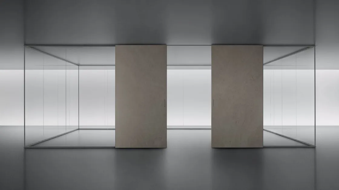 Parete divisoria Spazio e Graphis Plus in vetro e Gres con struttura in alluminio finitura platino di Rimadesio
